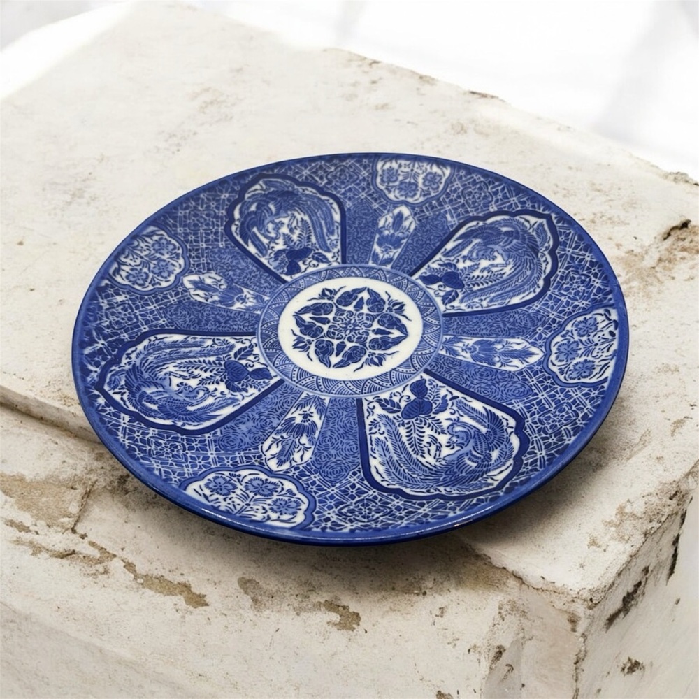 Meiji Period Antique Transferware Collector Plate Blue Japan 8” Bird Marked